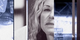 Photo collage in blue, black, and white with a cropped photo of Lori Vallow-Daybell in the center. Cropped images of a memorial fence and the Vallow-Daybell home lie on either side of the center image.