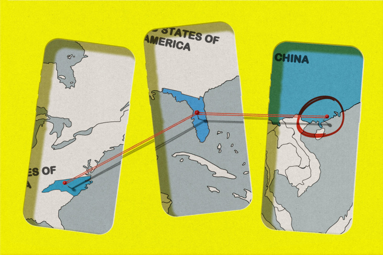 Three iPhone shapes cut out of paper, with maps showing North Carolina, Florida, and China, respectively. Each highlighted area on the map is connected by tacks and red string.